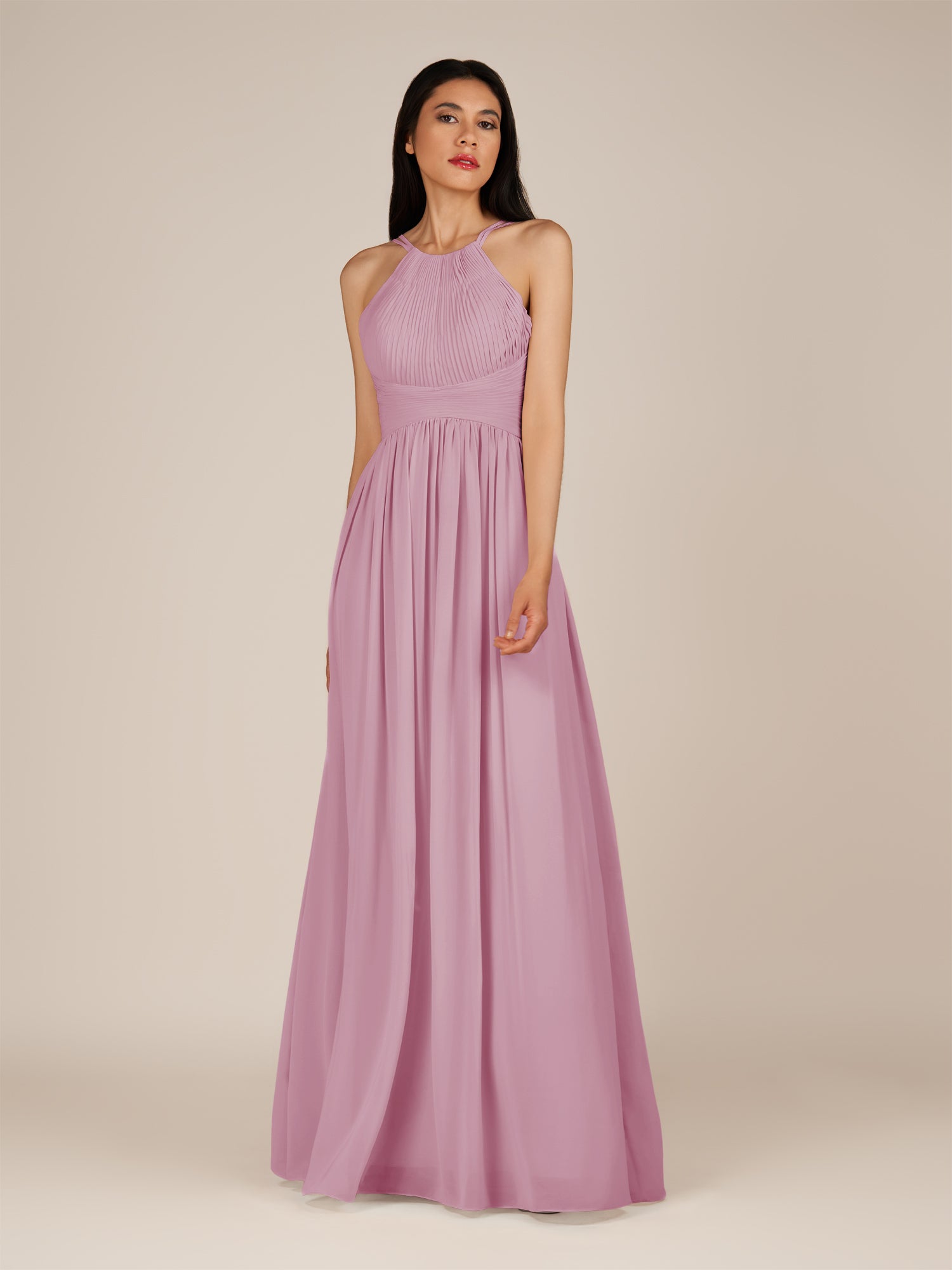 KissDress-Ursa Vintage Mauve A Line Chiffon Halter Neck Long Bridesmaid Dress with Pleats