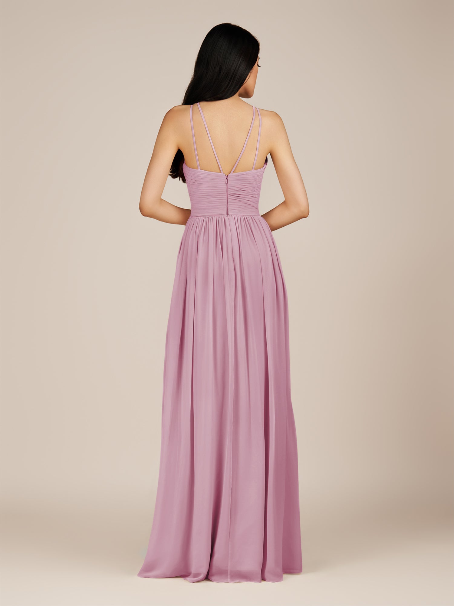 KissDress-Ursa Vintage Mauve A Line Chiffon Halter Neck Long Bridesmaid Dress with Pleats