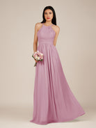 KissDress-Ursa Vintage Mauve A Line Chiffon Halter Neck Long Bridesmaid Dress with Pleats