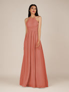 KissDress-Ursa Wild Rose A Line Chiffon Halter Neck Long Bridesmaid Dress with Pleats