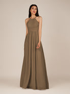 KissDress-Ursa Willow Green A Line Chiffon Halter Neck Long Bridesmaid Dress with Pleats