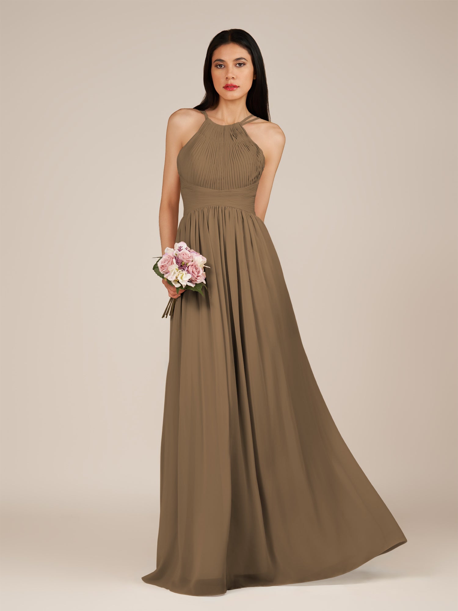 KissDress-Ursa Willow Green A Line Chiffon Halter Neck Long Bridesmaid Dress with Pleats