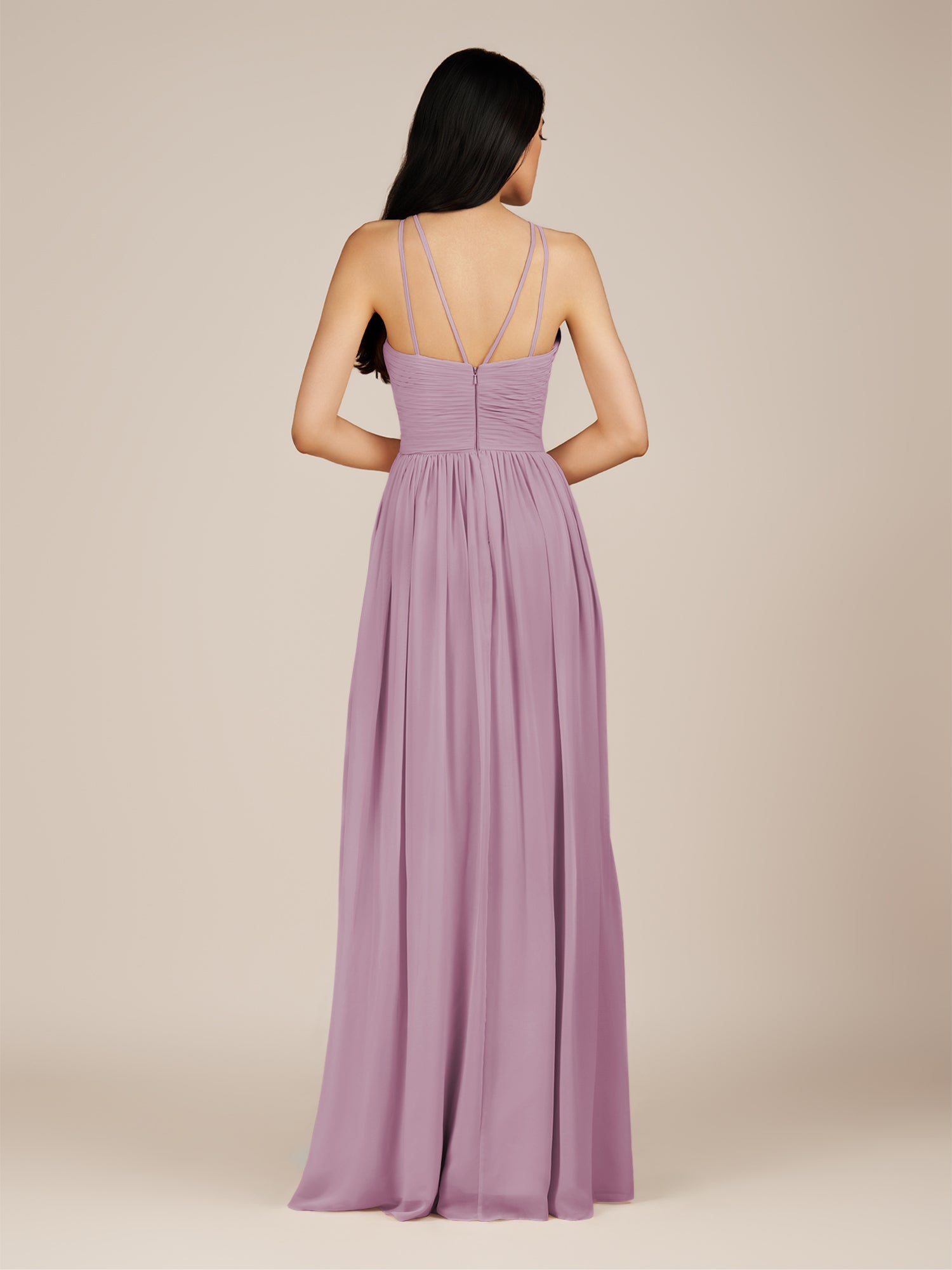 KissDress-Ursa Wisteria A Line Chiffon Halter Neck Long Bridesmaid Dress with Pleats