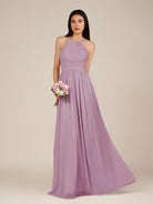 KissDress-Ursa Wisteria A Line Chiffon Halter Neck Long Bridesmaid Dress with Pleats