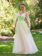 V - neck 3D Applique Floor Length Tulle Prom Dress - KissProm