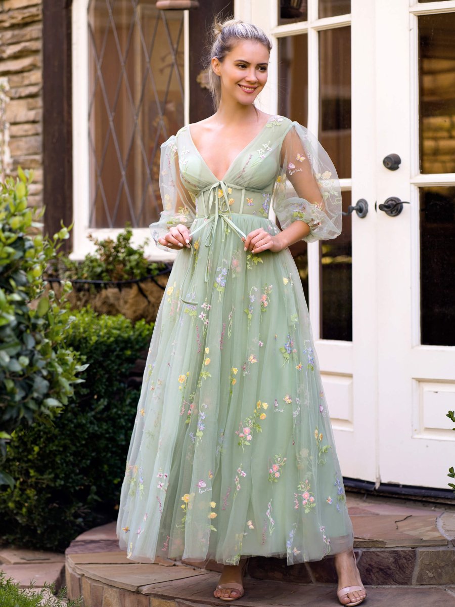 V-neck Embroidery Maxi Length Tulle Corset Floral Prom Dress KissDress V-neck Embroidery Maxi Length Tulle Corset Floral Prom Dress KissDress