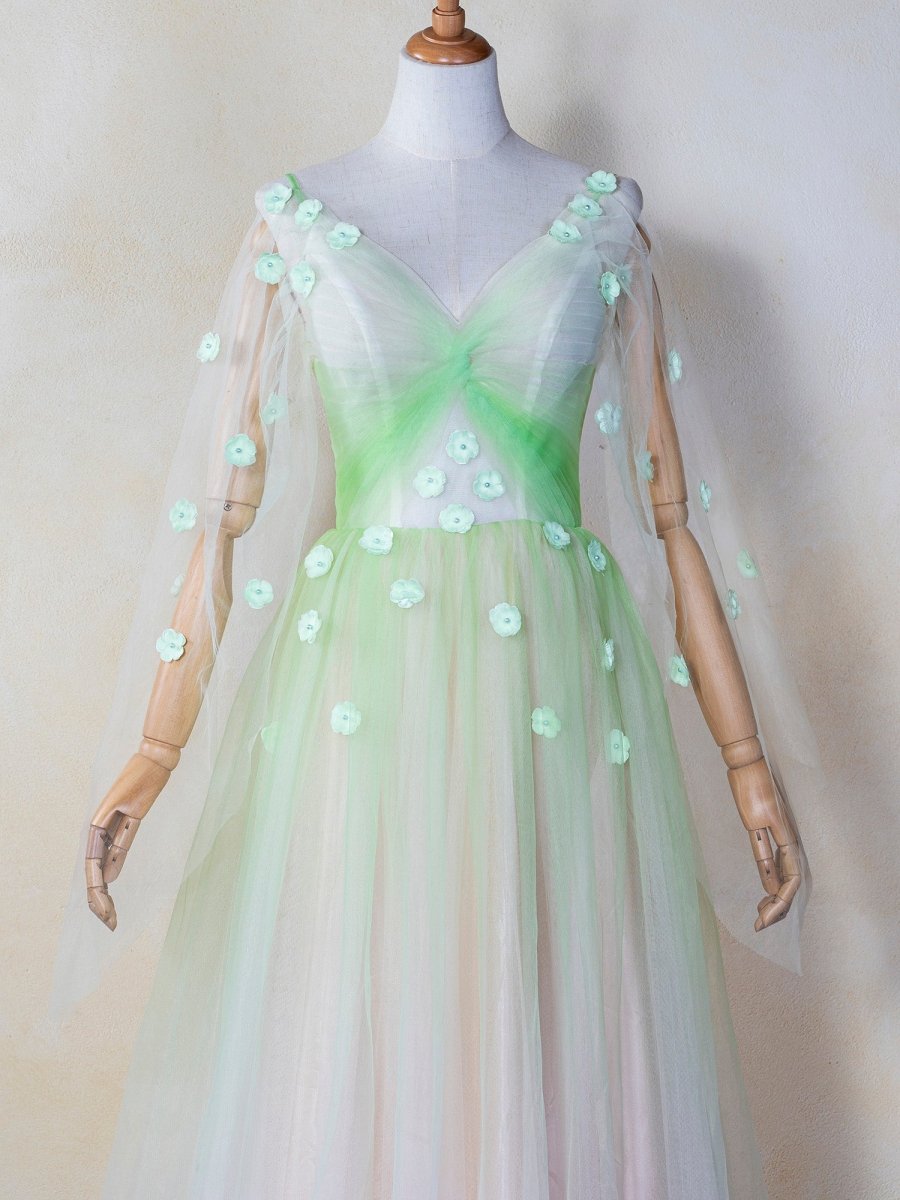 V - neck 3D Applique Floor Length Tulle Prom Dress - KissProm