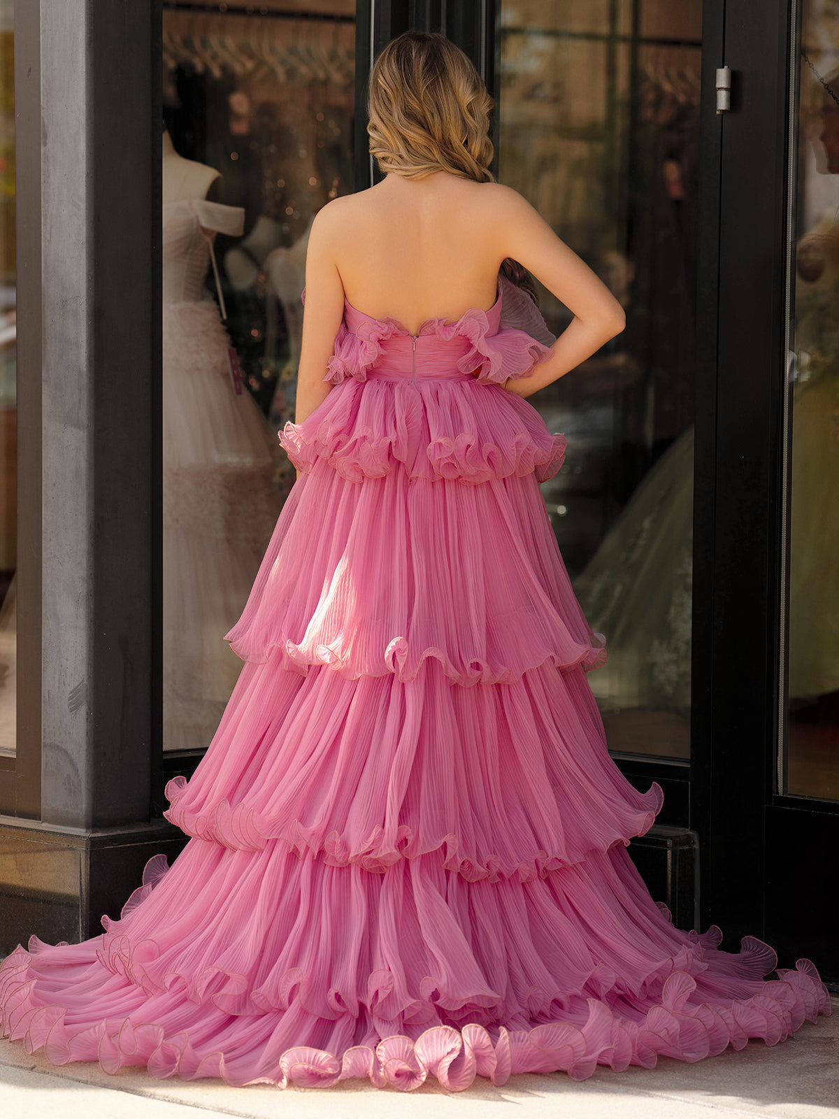 Pink Strapless A-Line Tiered Crinkled Tulle Long Prom Dress
