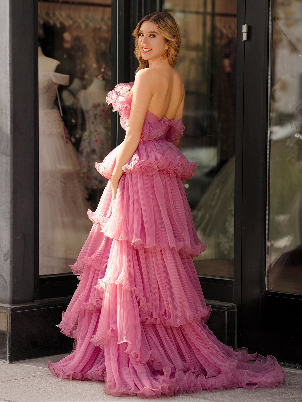 Pink Strapless A-Line Tiered Crinkled Tulle Long Prom Dress