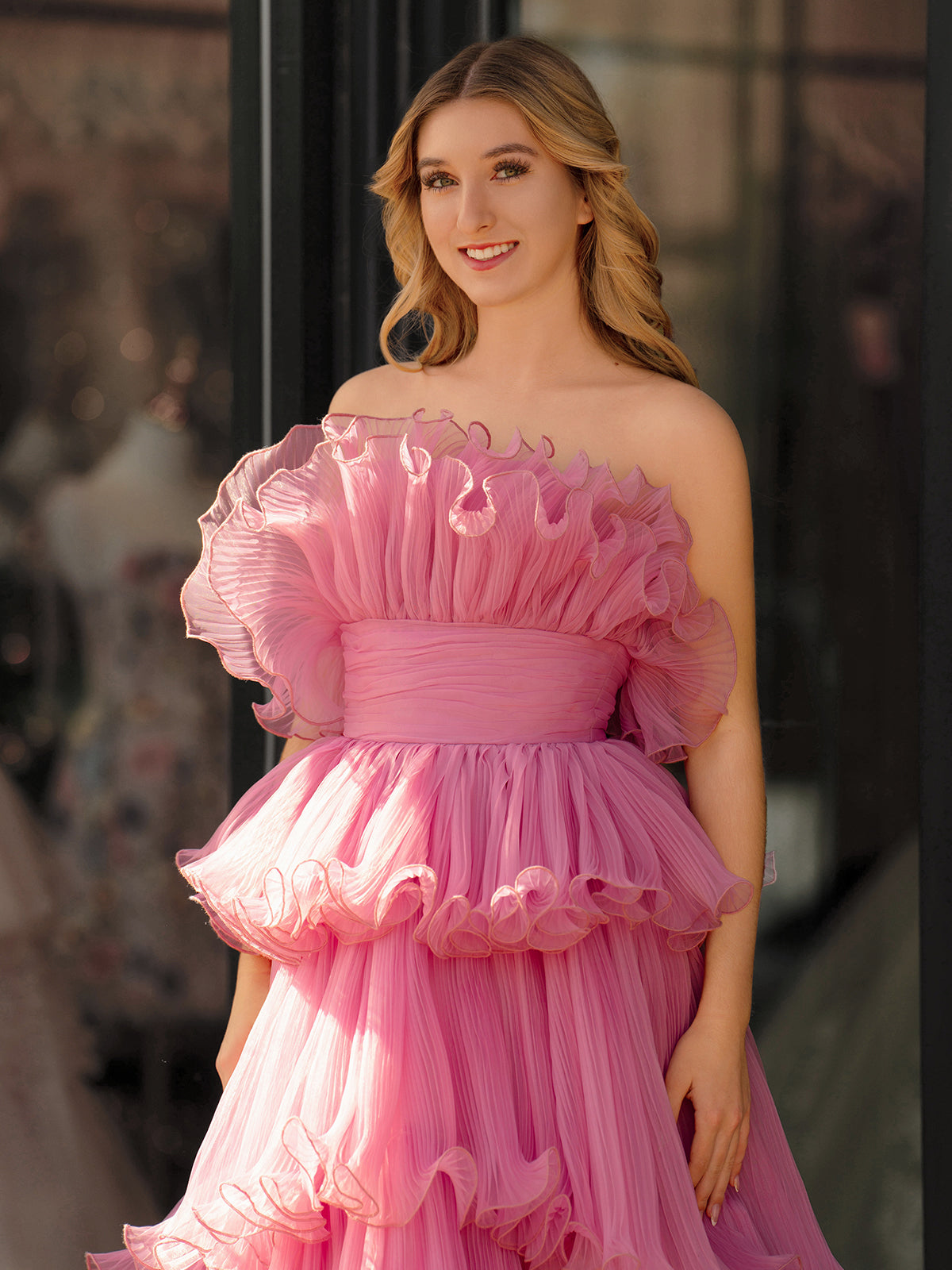 Pink Strapless A-Line Tiered Crinkled Tulle Long Prom Dress
