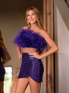 Verona | Two - Piece Feathered Bodice Purple Cocktail Dress - KissProm