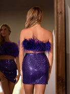 Verona | Two - Piece Feathered Bodice Purple Cocktail Dress - KissProm