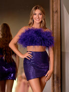 Verona | Two - Piece Feathered Bodice Purple Cocktail Dress - KissProm