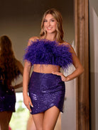Verona | Two - Piece Feathered Bodice Purple Cocktail Dress - KissProm