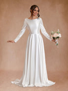 Vintage Satin A - Line Bateau Neckline Long Sleeves Bridal Gown Wedding Dresses - KissProm