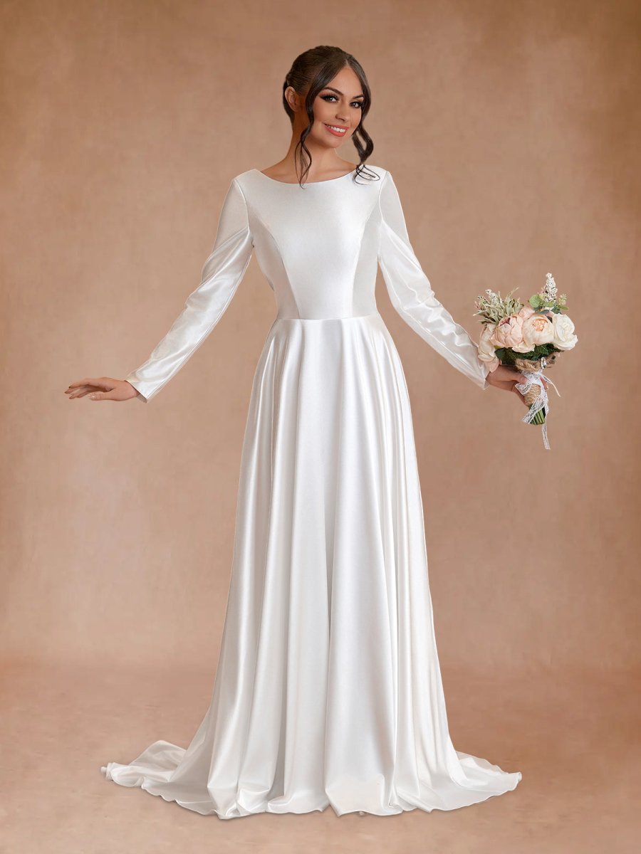 Vintage Satin A - Line Bateau Neckline Long Sleeves Bridal Gown Wedding Dresses - KissProm