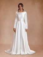 Vintage Satin A - Line Bateau Neckline Long Sleeves Bridal Gown Wedding Dresses - KissProm
