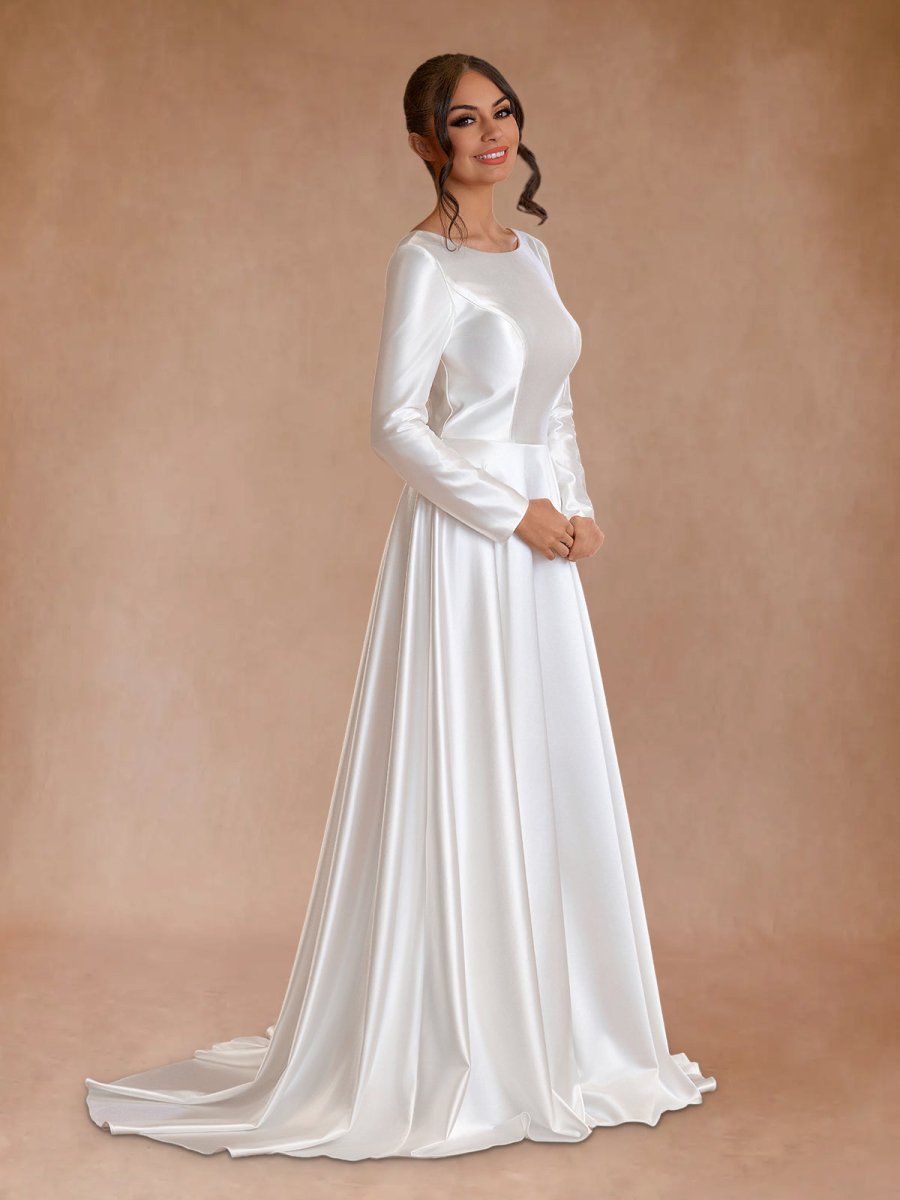 Vintage Satin A - Line Bateau Neckline Long Sleeves Bridal Gown Wedding Dresses - KissProm