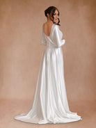 Vintage Satin A - Line Bateau Neckline Long Sleeves Bridal Gown Wedding Dresses - KissProm