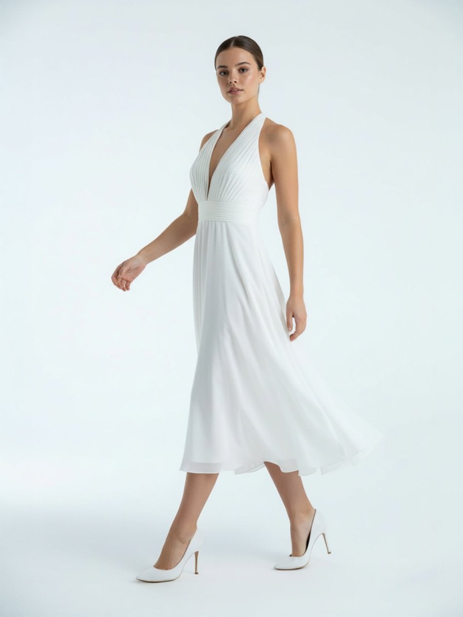 KissDress-Sebella  Vintage Tea-Length Chiffon Wedding Dress With Halter Neck and Bow