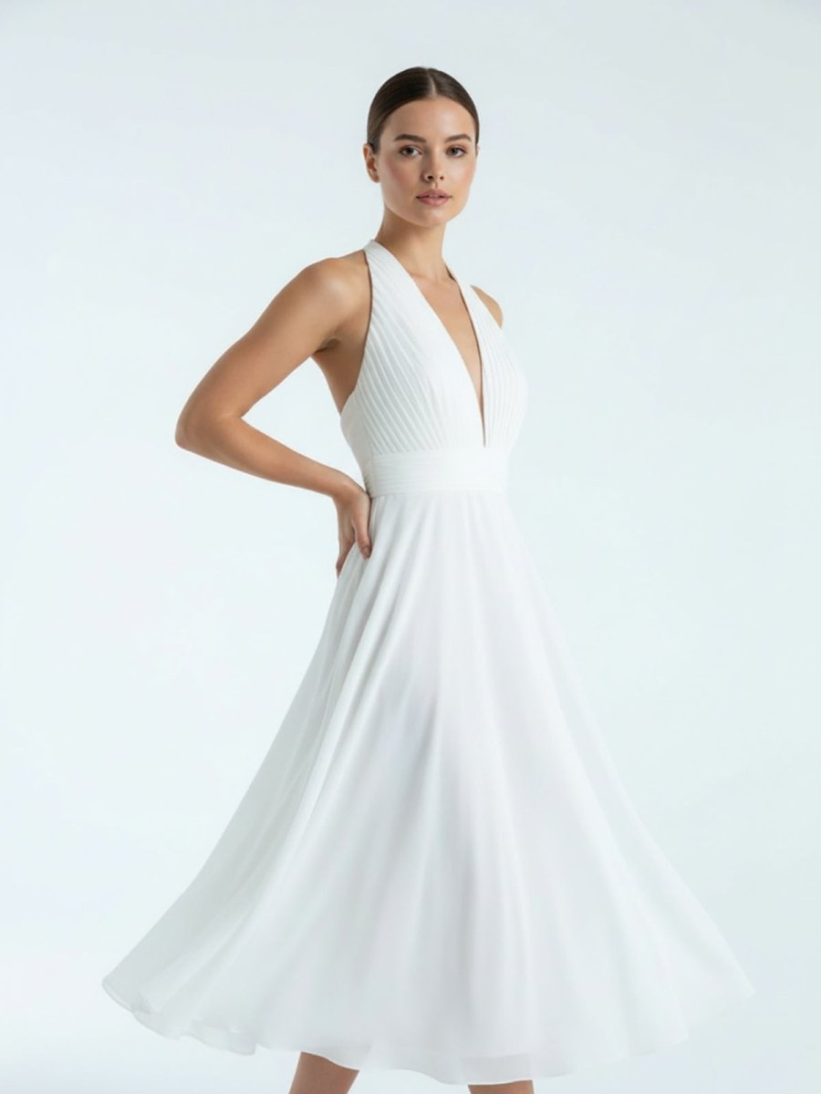 KissDress-Sebella  Vintage Tea-Length Chiffon Wedding Dress With Halter Neck and Bow
