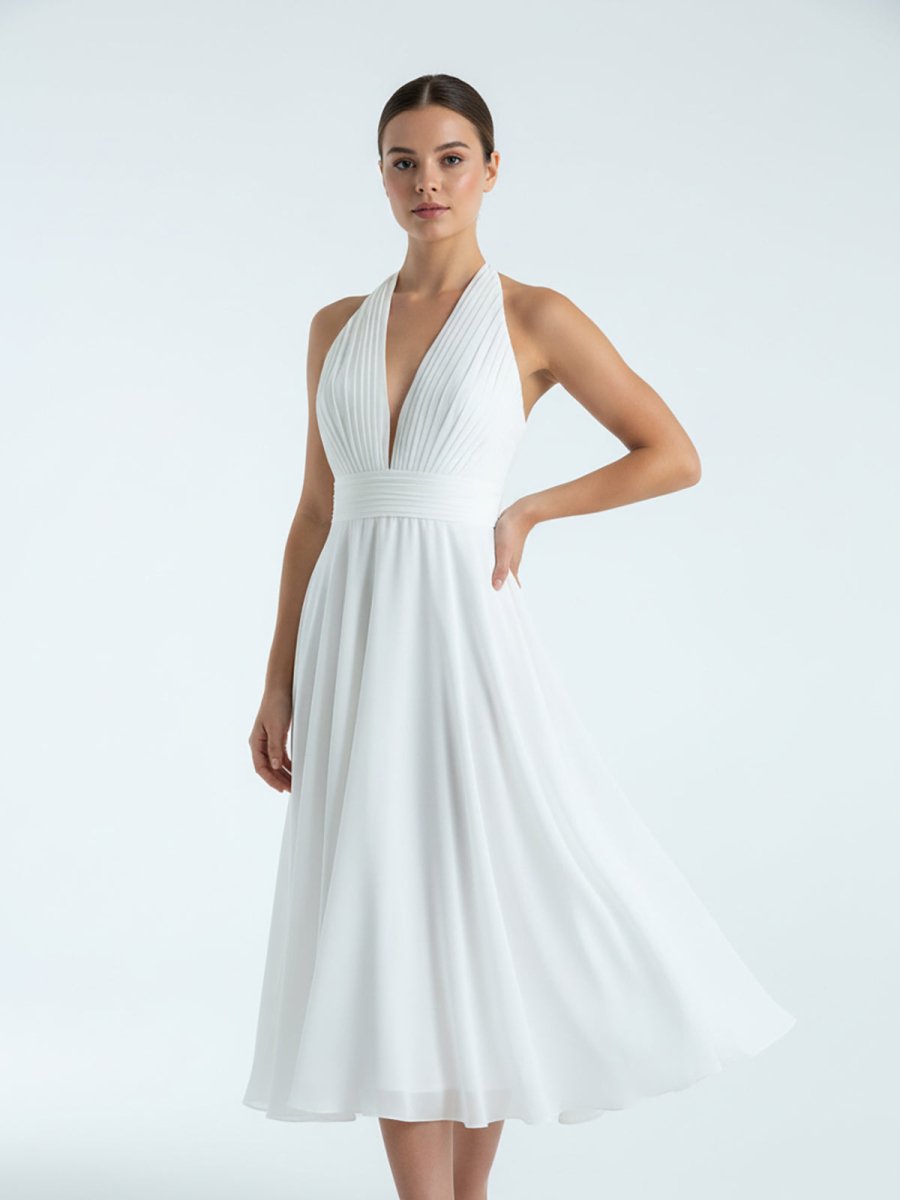 KissDress-Sebella  Vintage Tea-Length Chiffon Wedding Dress With Halter Neck and Bow