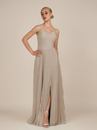 KissDress-Vionnet Almond A-Line V Neck Pleated Chiffon Long Bridesmaid Dress with Slit