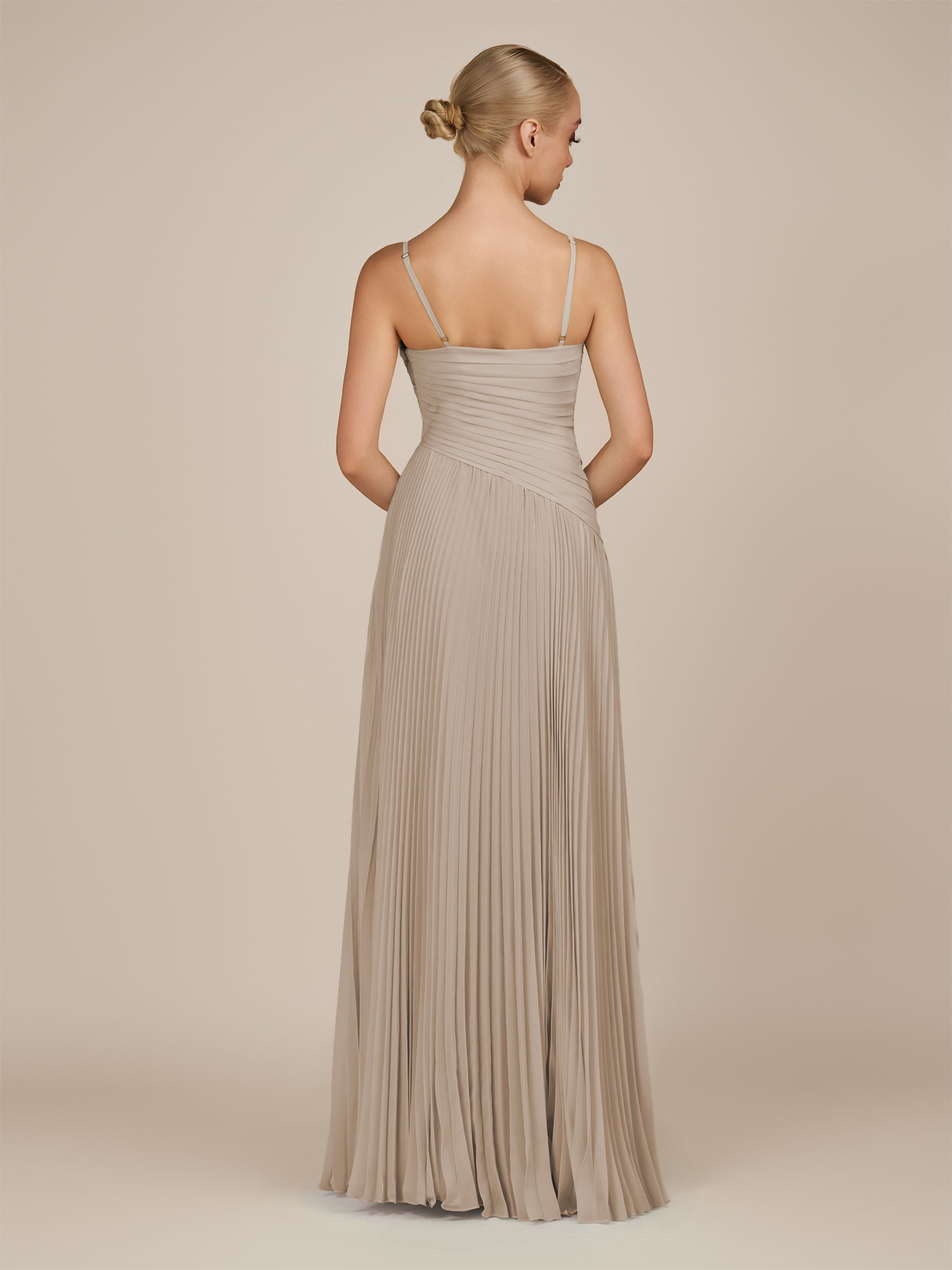 KissDress-Vionnet Almond A-Line V Neck Pleated Chiffon Long Bridesmaid Dress with Slit