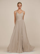 KissDress-Vionnet Almond A-Line V Neck Pleated Chiffon Long Bridesmaid Dress with Slit