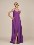 KissDress-Vionnet Amethyst A-Line V Neck Pleated Chiffon Long Bridesmaid Dress with Slit