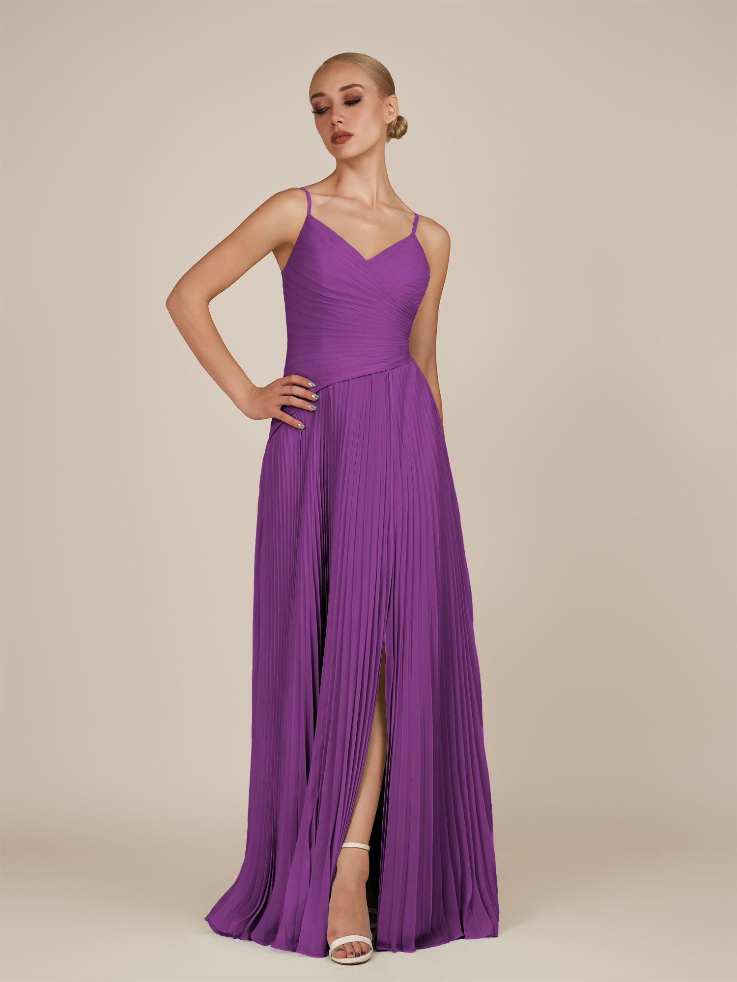 KissDress-Vionnet Amethyst A-Line V Neck Pleated Chiffon Long Bridesmaid Dress with Slit