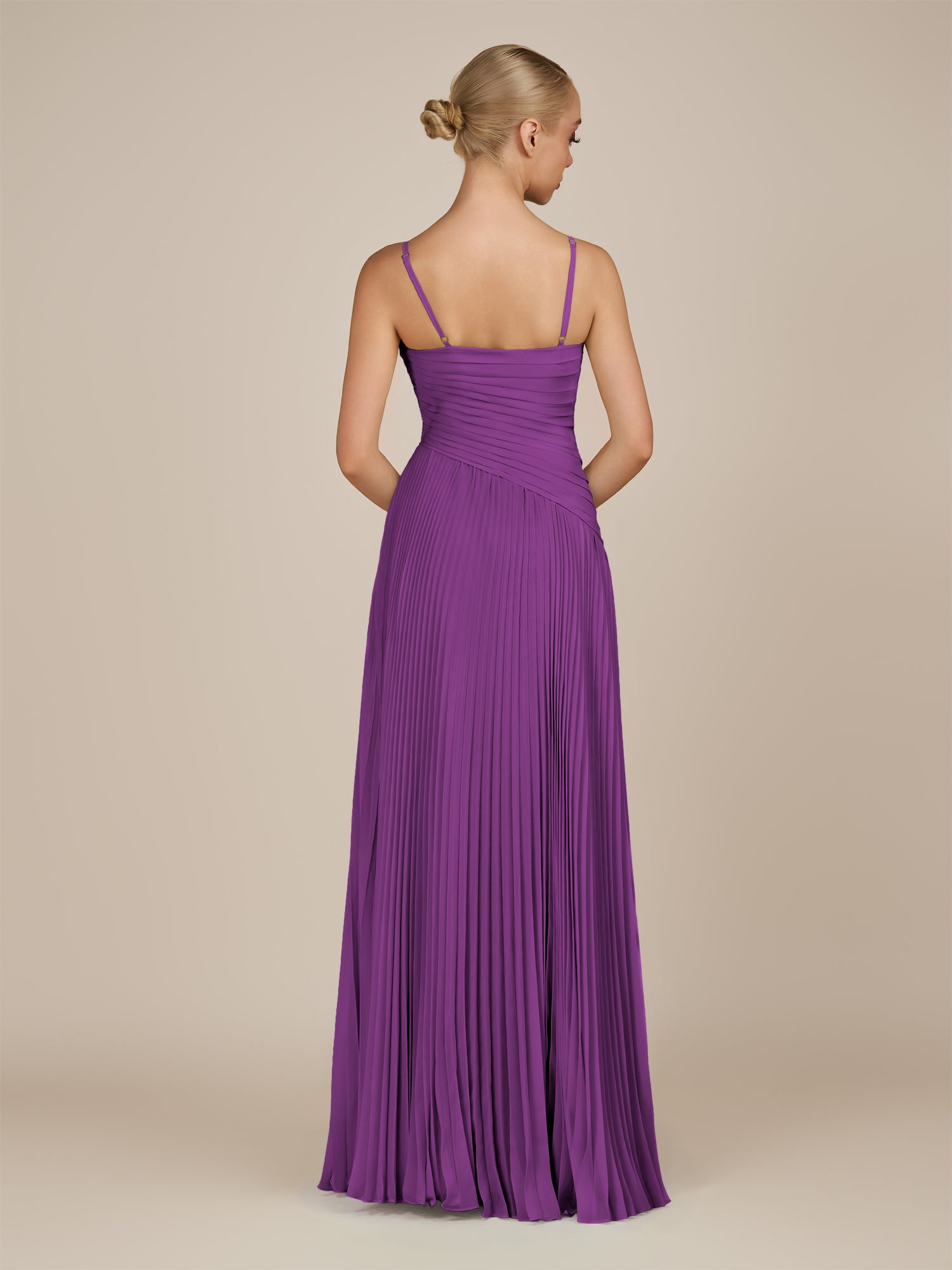 KissDress-Vionnet Amethyst A-Line V Neck Pleated Chiffon Long Bridesmaid Dress with Slit