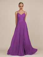 KissDress-Vionnet Amethyst A-Line V Neck Pleated Chiffon Long Bridesmaid Dress with Slit