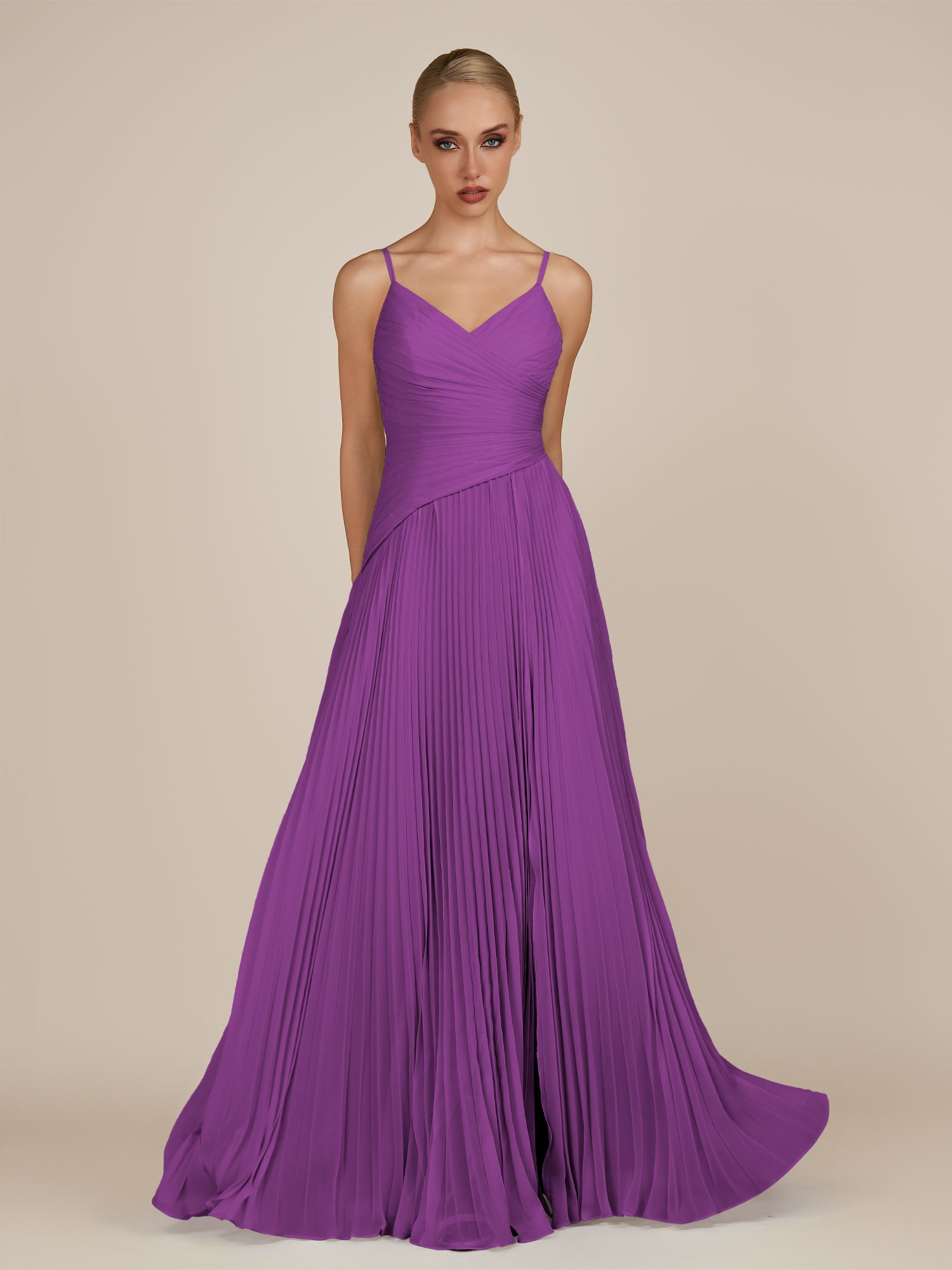 KissDress-Vionnet Amethyst A-Line V Neck Pleated Chiffon Long Bridesmaid Dress with Slit