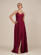 KissDress-Vionnet Berry A-Line V Neck Pleated Chiffon Long Bridesmaid Dress with Slit