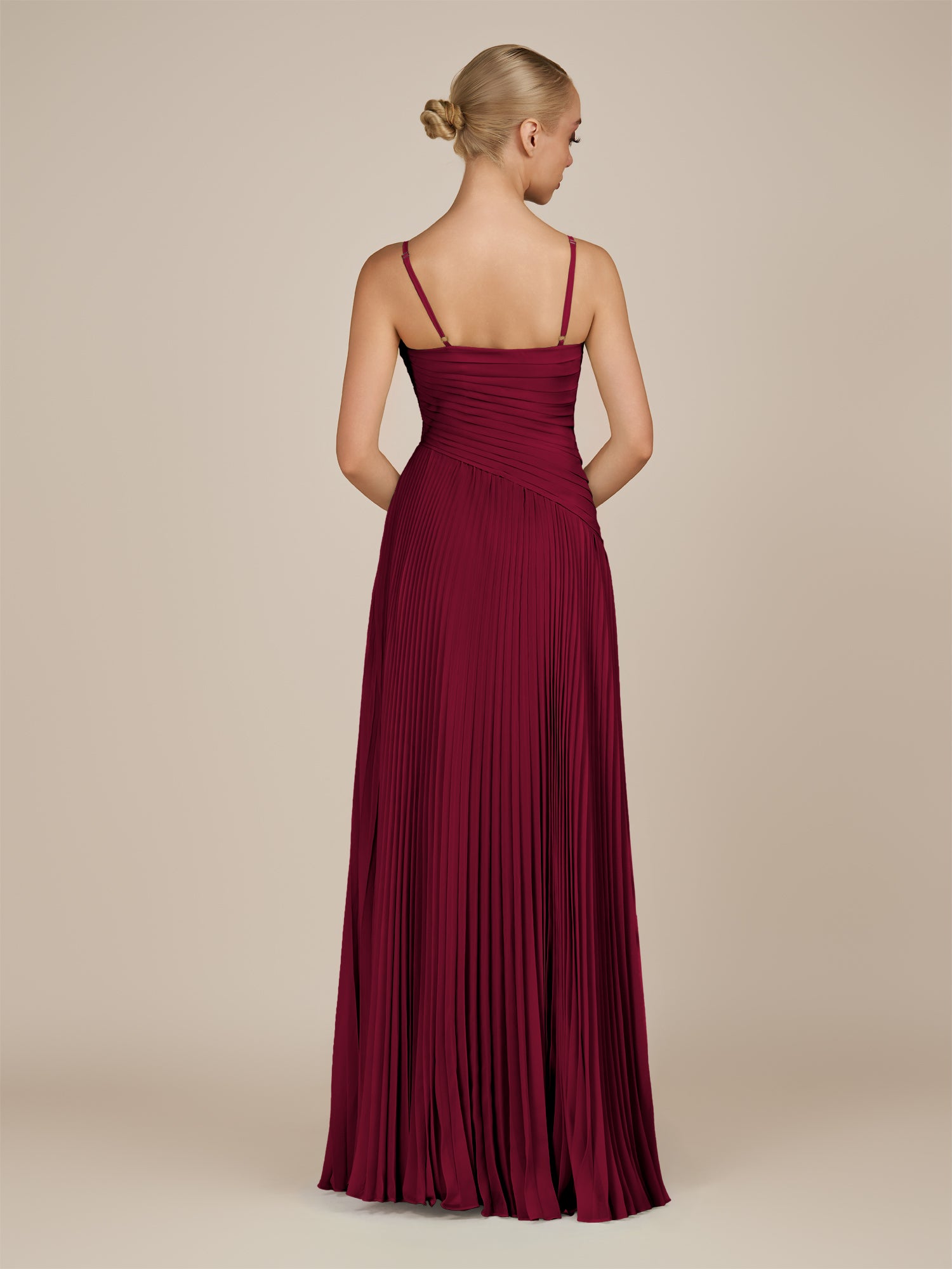KissDress-Vionnet Berry A-Line V Neck Pleated Chiffon Long Bridesmaid Dress with Slit
