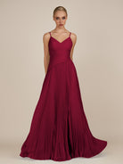 KissDress-Vionnet Berry A-Line V Neck Pleated Chiffon Long Bridesmaid Dress with Slit