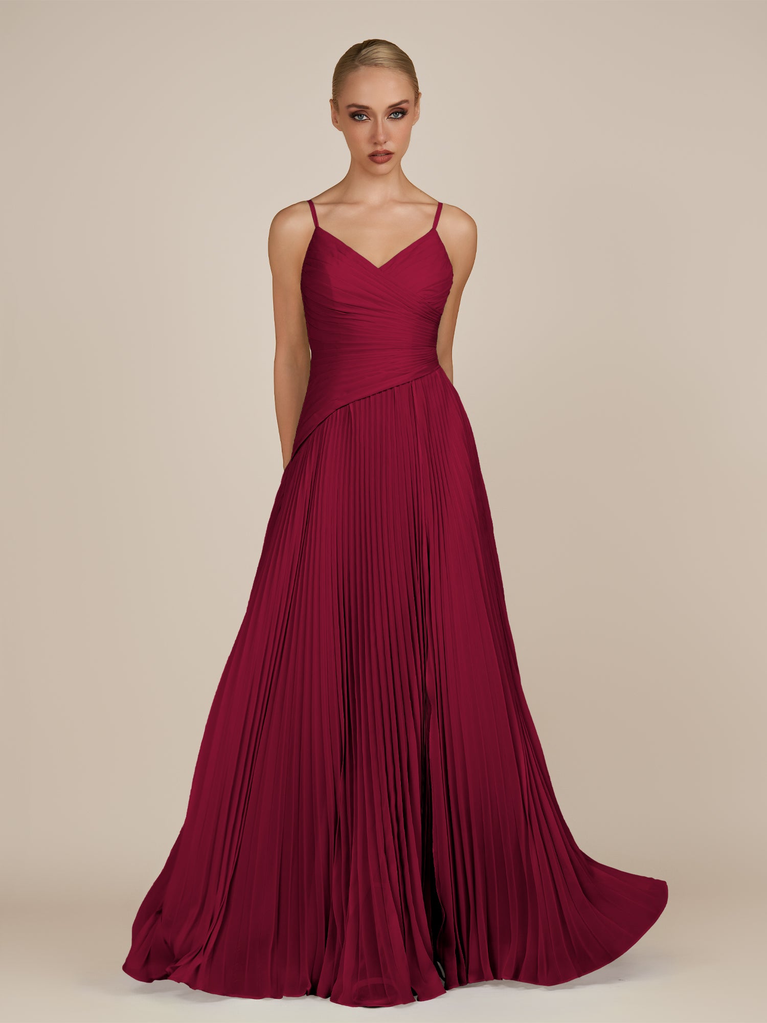 KissDress-Vionnet Berry A-Line V Neck Pleated Chiffon Long Bridesmaid Dress with Slit