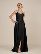 KissDress-Vionnet Black A-Line V Neck Pleated Chiffon Long Bridesmaid Dress with Slit