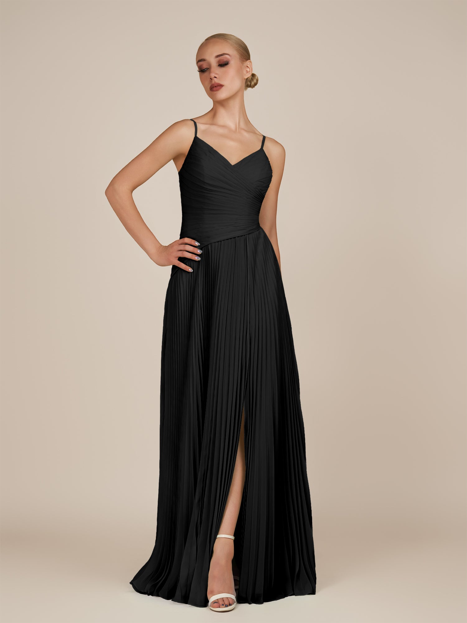 KissDress-Vionnet Black A-Line V Neck Pleated Chiffon Long Bridesmaid Dress with Slit