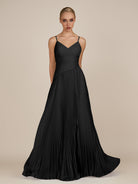 KissDress-Vionnet Black A-Line V Neck Pleated Chiffon Long Bridesmaid Dress with Slit