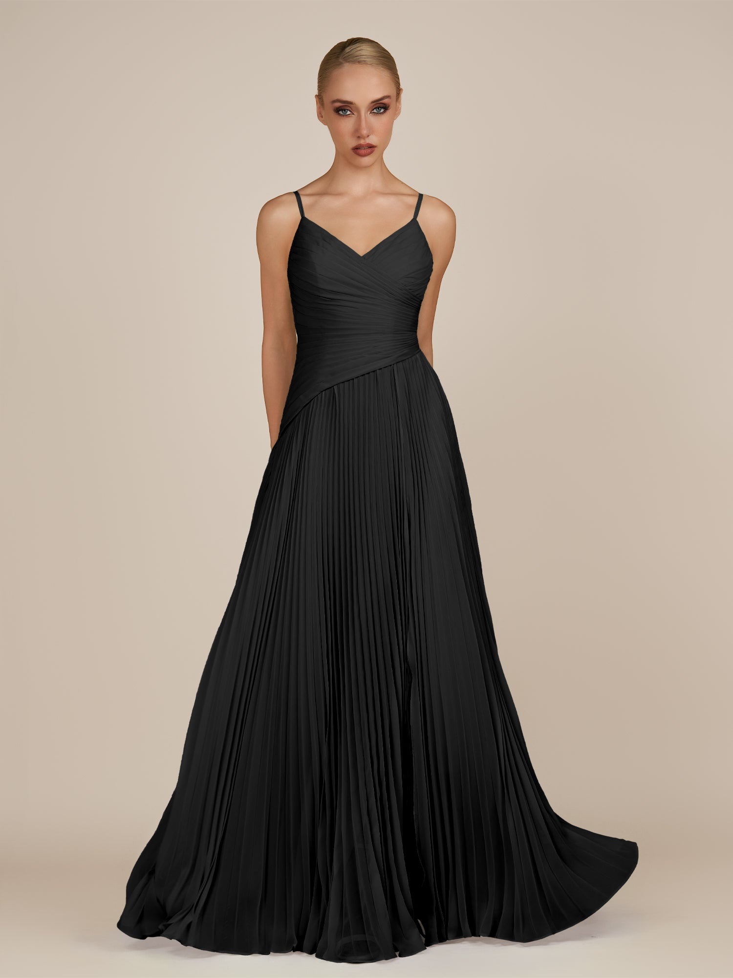 KissDress-Vionnet Black A-Line V Neck Pleated Chiffon Long Bridesmaid Dress with Slit