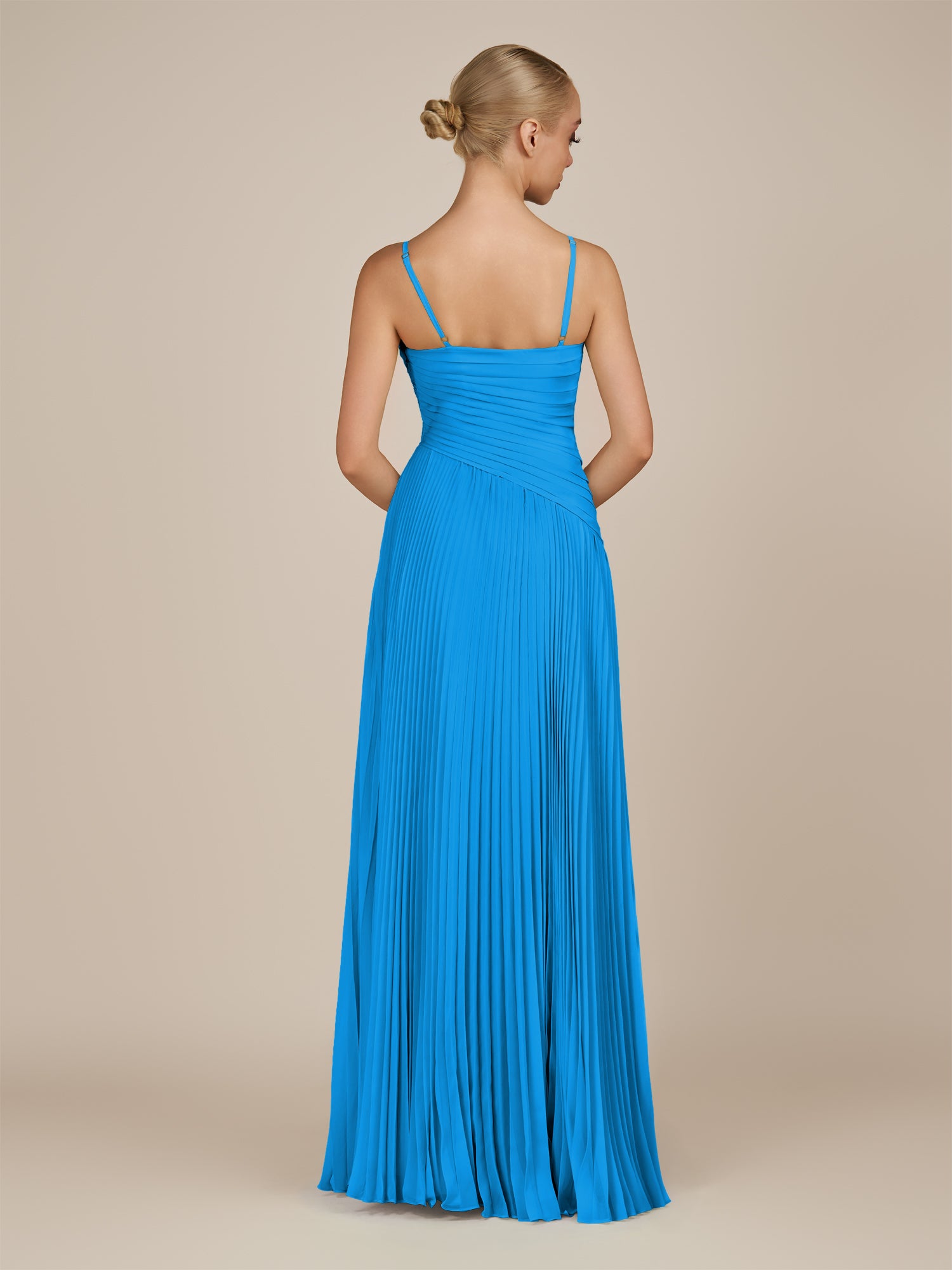 KissDress-Vionnet Blue Jay A-Line V Neck Pleated Chiffon Long Bridesmaid Dress with Slit