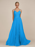 KissDress-Vionnet Blue Jay A-Line V Neck Pleated Chiffon Long Bridesmaid Dress with Slit