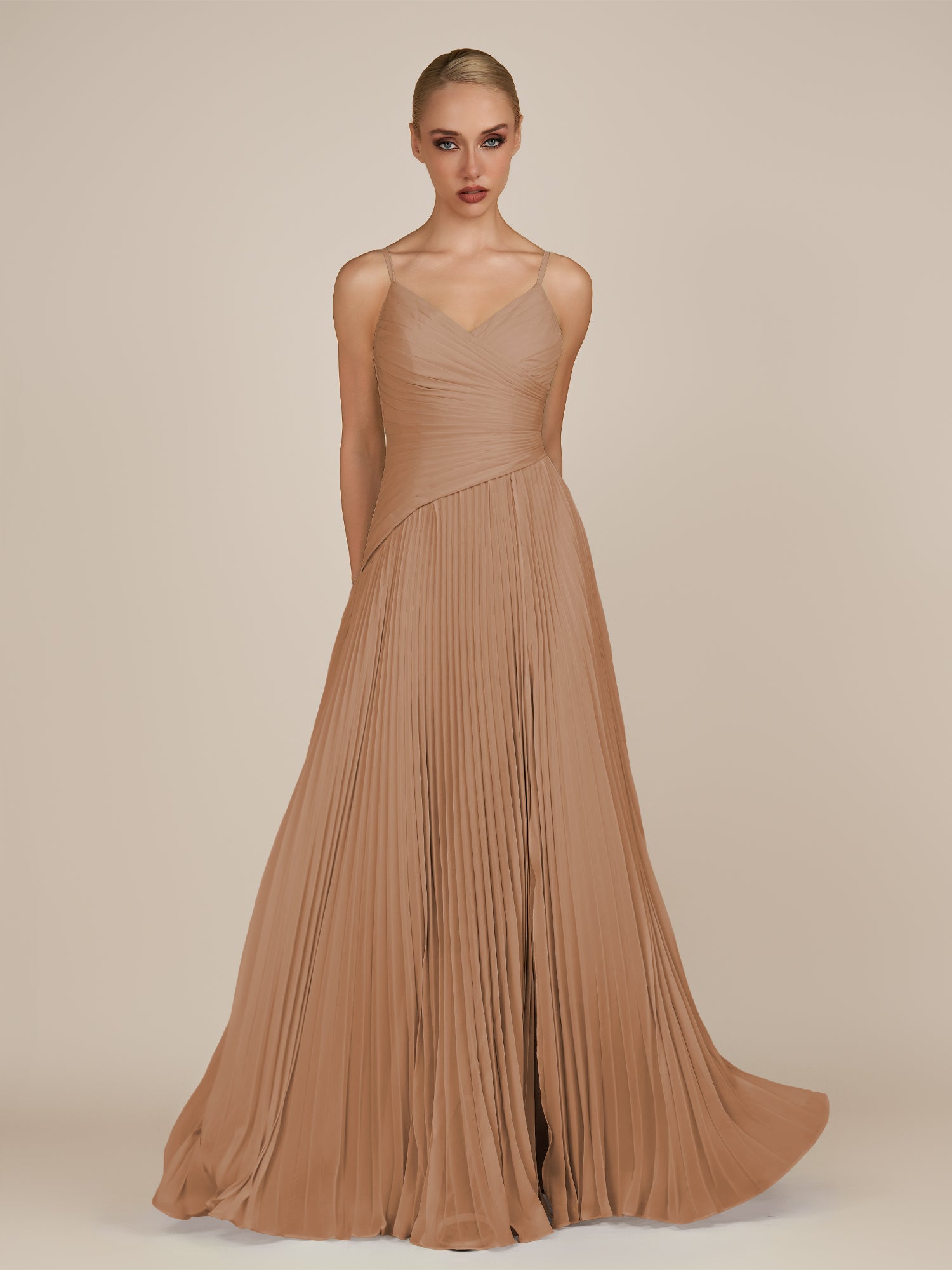 KissDress-Vionnet Bronzer A-Line V Neck Pleated Chiffon Long Bridesmaid Dress with Slit