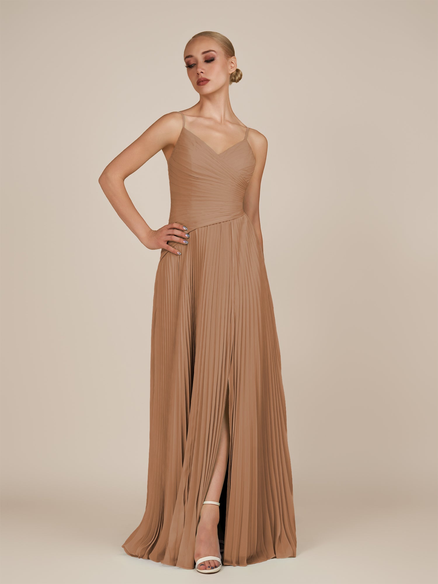 KissDress-Vionnet Bronzer A-Line V Neck Pleated Chiffon Long Bridesmaid Dress with Slit