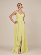 KissDress-Vionnet Buttercup A-Line V Neck Pleated Chiffon Long Bridesmaid Dress with Slit