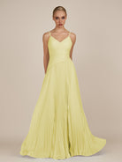 KissDress-Vionnet Buttercup A-Line V Neck Pleated Chiffon Long Bridesmaid Dress with Slit