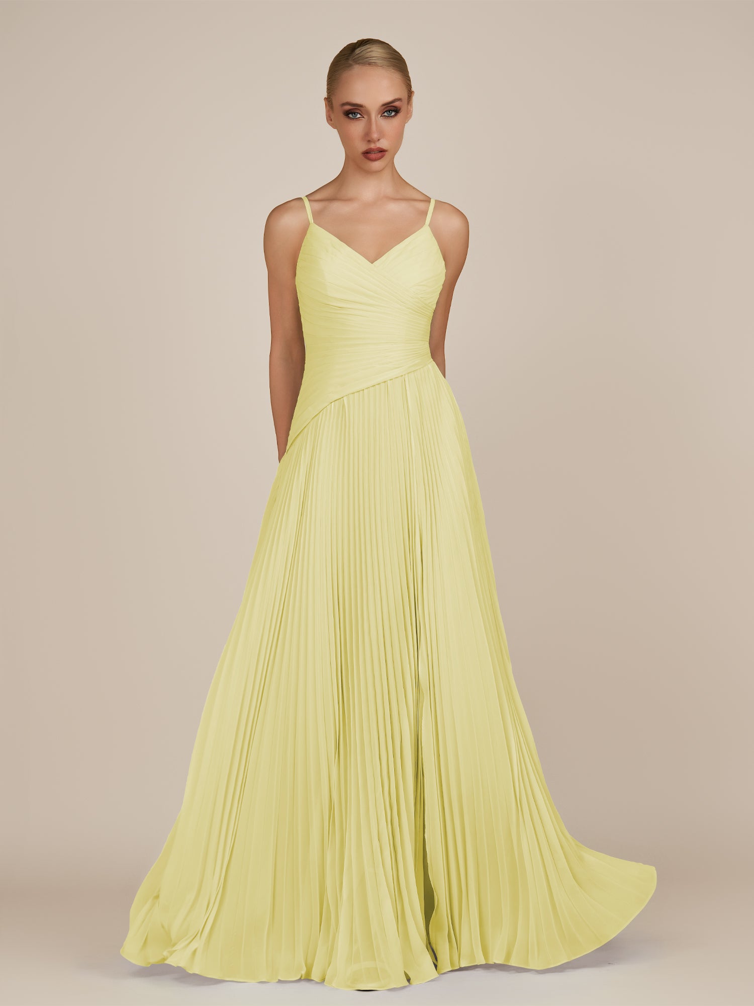 KissDress-Vionnet Buttercup A-Line V Neck Pleated Chiffon Long Bridesmaid Dress with Slit