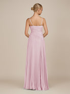 KissDress-Vionnet Candy Pink A-Line V Neck Pleated Chiffon Long Bridesmaid Dress with Slit